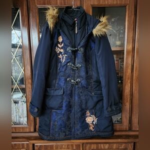 Joe Browns Long Winter Coat Jacket Floral Embroidered Blue Parka Size Large